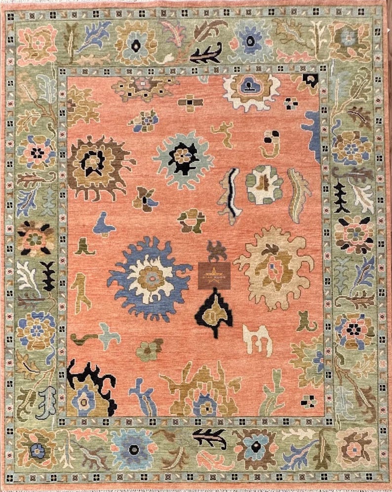 Hand Knotted Peach Oushak Rug: Soft Wool Oriental Rug, Made in India - Etsy