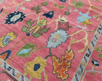 May include: A pink rug with a floral pattern in shades of blue, green, yellow, and orange. The rug has a border with a geometric design.