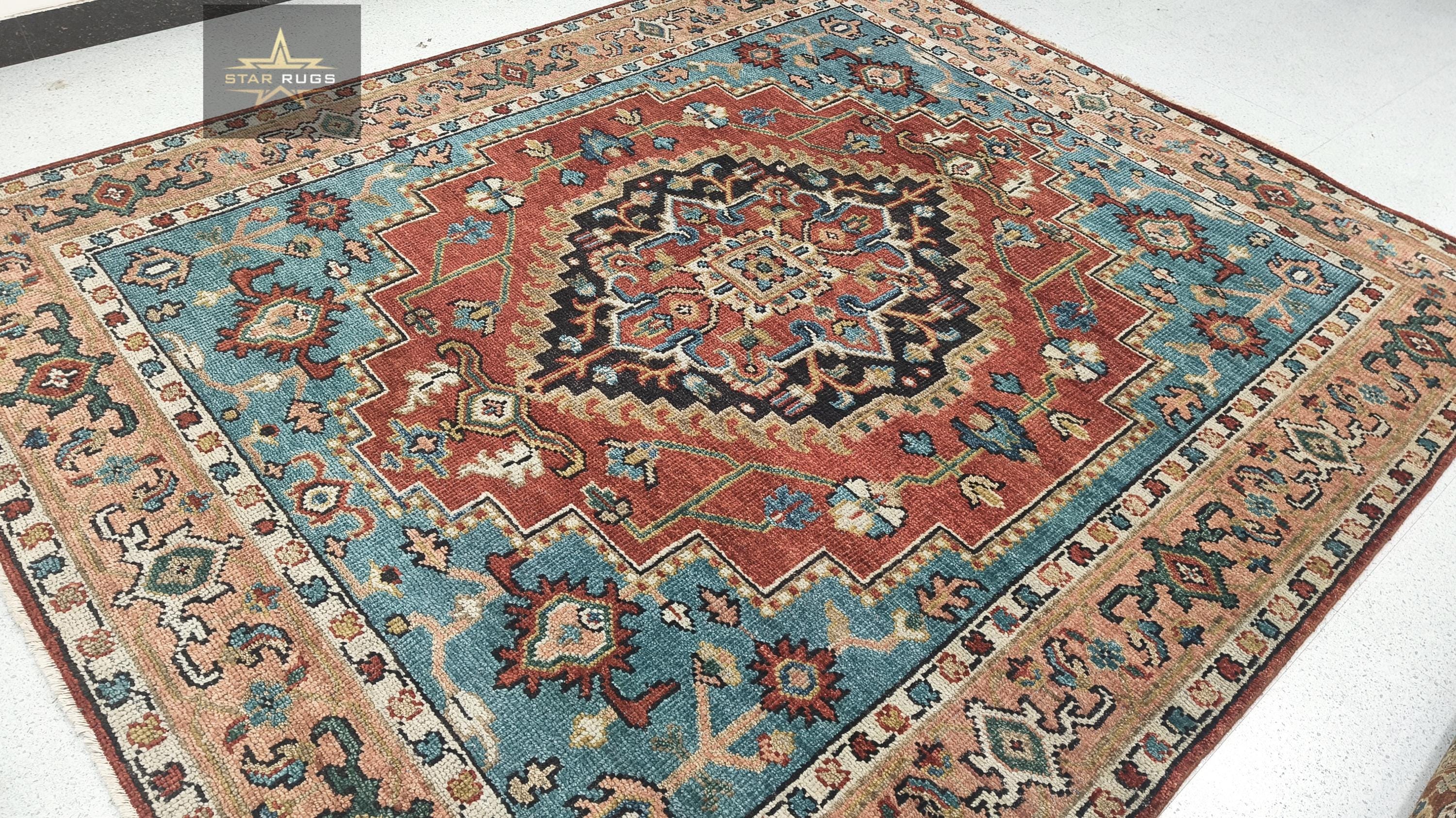 Hand Knotted Persian Wool Rug 8x10: Blue Peach Abstract Design