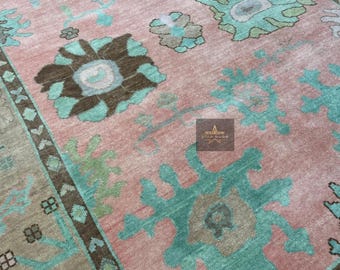 Handwoven Pink Oushak Rug: 8x10 Antique Wool Area Rug
