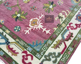 Hand-Knotted Oushak Rug 8x10: Pink Floral Oriental Wool Rug