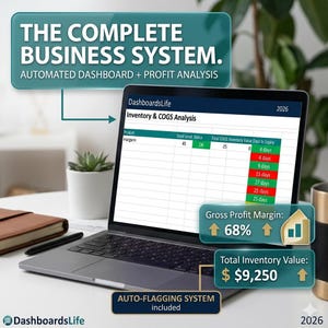 Puede incluir: Una computadora portátil muestra un panel de control del sistema empresarial con análisis de inventario y COGS. La pantalla muestra datos, incluidos los niveles de stock, los días de vencimiento y un margen de beneficio bruto del 68%. El valor total del inventario es de $9,250. El sistema incluye una función de marcado automático.