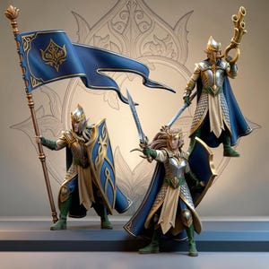 Op de afbeelding: Drie fantasiefiguren in gedetailleerde harnassen, zwaaiend met zwaarden, schilden en een banner. De figuren zijn in goud, zilver en groen, met blauwe capes en accenten. De banner is blauw met gouden details. Achtergrond met decoratief patroon.