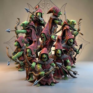 Op de afbeelding: Een groep groenhuidige goblin-beeldjes, elk met pijl en boog. Ze dragen rode capuchonmantels en harnassen. De figuren zijn in een cirkel geplaatst, klaar voor actie, met een decoratieve achtergrond.