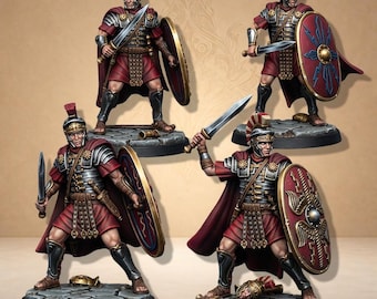 May include: Four miniature Roman legionary figures in full battle gear. Each figure is posed with a sword and shield, wearing a red tunic, silver armour, and a crested helmet. The shields are red with gold accents. The figures stand on stone bases.