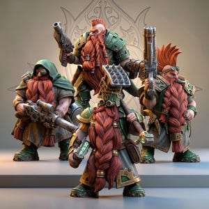 May include: Four fantasy dwarf figurines with red beards and green armor, each holding a weapon. One figure wears a hood and goggles, while others have spiked helmets or mohawks. The figures are posed against a neutral background.