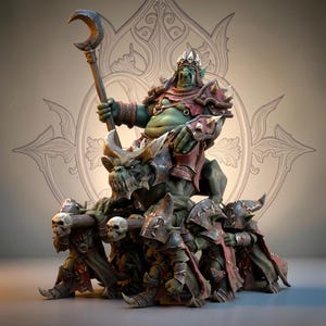 Chef ogre sur trône porté par gobelins, boss du chaos - The Beholder Miniatures