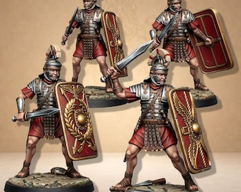 May include: Miniature Roman legionary figures in various action poses. Each figure is clad in red and silver armour, holding a sword and shield. The shields feature gold and red designs. The figures stand on a stone-like base.