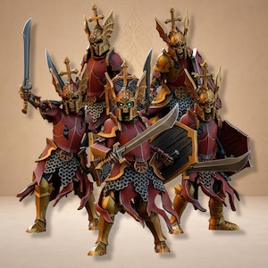 Peut inclure: Six figurines fantastiques en armure détaillée. Les figurines sont en rouge et or avec des casques en forme de crâne, tenant des épées et des boucliers. Les figurines ont une apparence squelettique et sont posées comme prêtes au combat.
