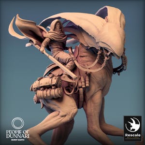 May include: A detailed sculpture of a hooded figure riding a large, avian-like creature. The rider holds a staff, and the creature has a large, wing-like structure. The sculpture has a detailed saddle and packs. The logo "People of Dunnari" is visible.