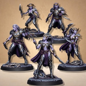 Könnte beinhalten: Eine Sammlung von fünf Fantasy-Miniaturen, die gepanzerte Figuren mit Schwertern und Umhängen darstellen. Die Figuren sind in Lila, Silber und Gold bemalt und weisen detaillierte Rüstungen und Waffen auf. Jede Figur steht auf einem strukturierten Sockel.