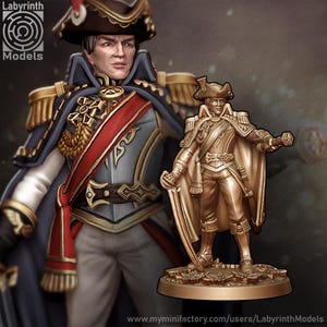 Könnte beinhalten: Eine detaillierte Miniaturfigur eines Militäroffiziers in einer blauen und grauen Uniform mit goldenen Akzenten, einer roten Schärpe und einem Dreispitz. Eine kleinere, goldfarbene Statue derselben Figur steht daneben. Das Labyrinth Models Logo ist sichtbar.
