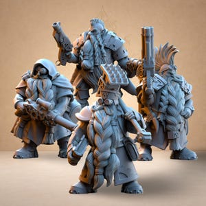 Futuristische Zwergeningenieursgruppe, schwere Waffen und Science-Fiction-Details – The Beholder Miniatures