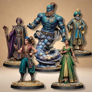 Peut inclure: Collection de figurines fantastiques détaillées représentant des personnages d'un conte d'inspiration moyen-orientale. Les figurines comprennent un grand génie bleu, une princesse en vert et d'autres personnages aux vêtements ornés.