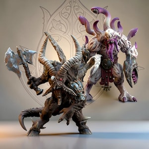 Peut inclure: Deux figurines détaillées de monstres fantastiques. L'une est une créature cornue ressemblant à une bête tenant une hache de guerre. L'autre est un monstre pâle avec des tentacules, une gueule béante et de grandes griffes.