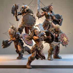 Barbarenkrieger mit Äxten und Schilden, Set mit 5 epischen Miniaturen - The Beholder Miniatures