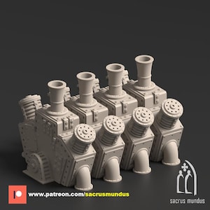 Peut inclure: Ensemble de composants gris clair de style industriel, probablement pour un projet de modélisme ou de miniature. La conception comprend des cheminées cylindriques, des tuyaux coudés et des panneaux rivetés. L'image inclut l'adresse du site web www.patreon.com/sacrusmundus.