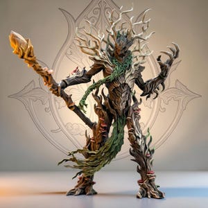 Peut inclure: Figurine détaillée d'un humanoïde ressemblant à un arbre, avec un bâton et un cristal brillant. Le corps est texturé comme de l'écorce, avec des branches et des feuilles. La palette de couleurs comprend des bruns, des verts et des touches de rouge, sur le thème fantastique.