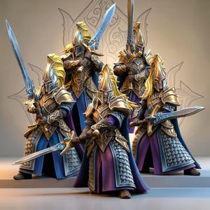 Elfi wojownicy w zbrojach z długimi mieczami, w stylu heroicznego fantasy – The Beholder Miniatures