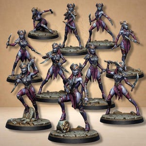 Può includere: Una collezione di miniature fantasy. Ogni figura è un guerriero in posa dinamica, con un pugnale. Le figure sono dipinte in tonalità di viola, argento e rosso, con armature e lineamenti dettagliati. Sono su basi strutturate.