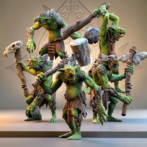 Peut inclure: Plusieurs figurines de gobelins verts, aux expressions menaçantes et armés de divers objets. Les gobelins sont disposés en cercle, tenant des massues, des haches et un bâton crânien. Ils portent des pagnes bruns et ont des caractéristiques épineuses.