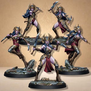 Può includere: Figurine in miniatura di guerriere con spade in pose dinamiche. Le figure presentano armature dettagliate, gonne rosse fluenti e capelli blu. Le basi sono strutturate per assomigliare a una superficie di pietra.