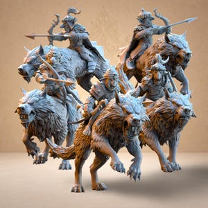 Könnte beinhalten: Ein detailliertes 3D-gedrucktes Modell mit Fantasy-Figuren, die auf knurrenden Wölfen reiten. Die Reiter sind in Rüstungen gekleidet und halten Bögen und Pfeile. Die Wölfe haben detailliertes Fell und bedrohliche Ausdrücke.