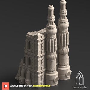 Pode incluir: Modelo bege claro, impresso em 3D, de um edifício futurista com duas torres cilíndricas altas e uma estrutura de vários níveis. O modelo apresenta detalhes arquitetónicos, incluindo janelas arqueadas, rebites e aberturas. O texto "www.patreon.com/sacrusmundus" é visível.