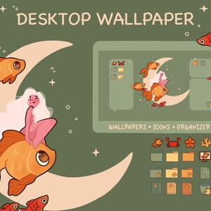 Könnte beinhalten: Eine digitale Desktop-Tapete mit einer Sichelmond, auf dem eine Meerjungfrau auf einem Goldfisch sitzt. Die Tapete enthält eine Vielzahl von Symbolen, darunter Ordner, eine Krabbe, einen Seestern, eine Koralle, eine Schnecke und einen Computermonitor. Der Text "WALLPAPERS - ICONS - ORGANIZER" wird am unteren Rand des Bildes angezeigt.