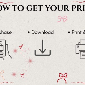 Pu&ograve; includere: Grafica color crema con il testo "COME OTTENERE LA TUA STAMPA?" e tre passaggi: Acquista, Scarica e Stampa e incornicia. L'immagine include illustrazioni di un telefono, una freccia di download e una stampante, con fiocchi e stelle decorative.