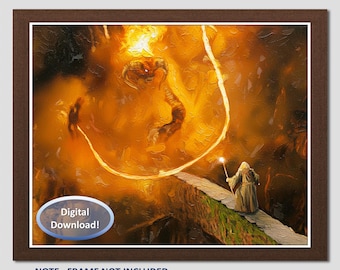 Stijl olieverfschilderij, fantasiescène kunst aan de muur, Gandalf vs Balrog fanart, nerd cadeau, (digitale download)