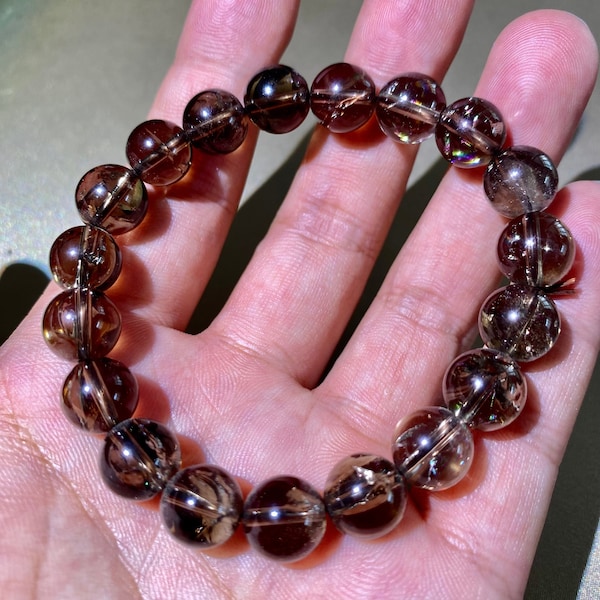 AAAAA+ 10MM Genuine Smoky Quartz with Rainbow Bracelet, Natural Brown Smoky Crystal, Crystal Healing, Calming protection , Anti Anxiety.