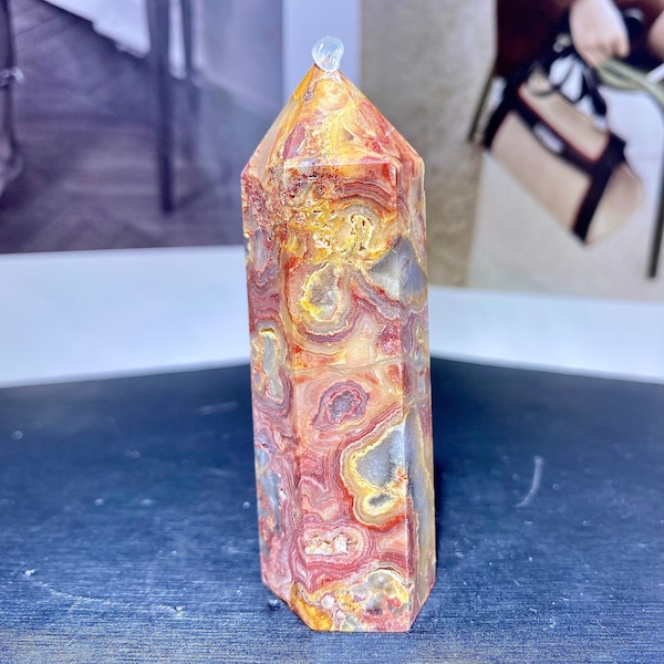 Nice! Natural Crazy Lace Agate Mini Tower With Geodes, Crazy Lace Agate Obelisk , Wand Gemstone Point Home Decor.