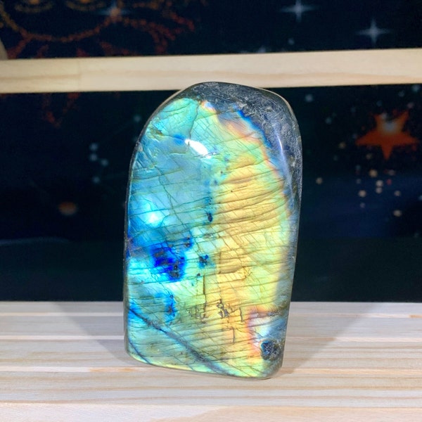 3.3" Full Flash Double Color Labradorite Ornament, Natural Freeform Standing Specimens, Healing Crystal, Home Decor, Nice Energy Gifts. A16