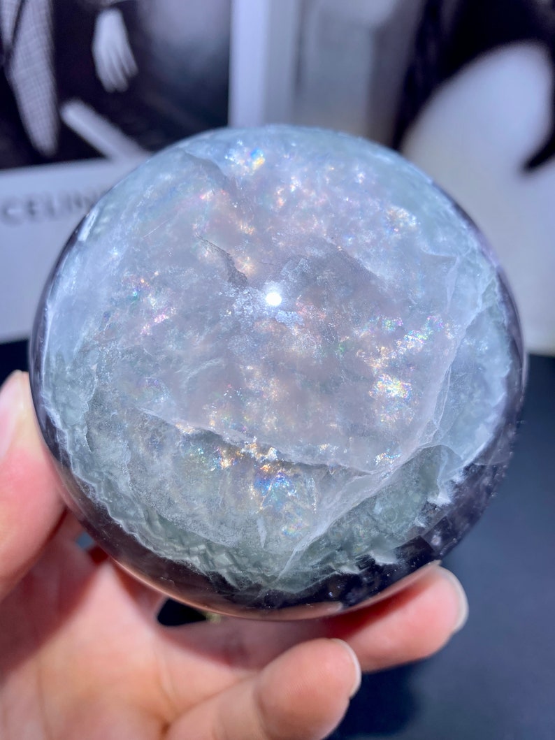 Sparkling Natural fluorite sphere with mica, rainbow crystal ball, crystal sphere, fluorite ball crystal gifts,home decor.Random 1 PC. image 3