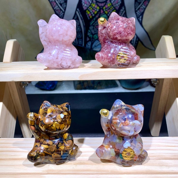 2.6'' Natural crystal lucky cat, resin art, crystal chips, healing crystal home decor carving, nice gifts for her.