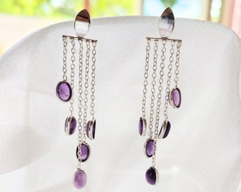 Amethyst Long Dangle Earrings for Mom, Dangling Drops, Chain Earrings, Mothers Day Gift