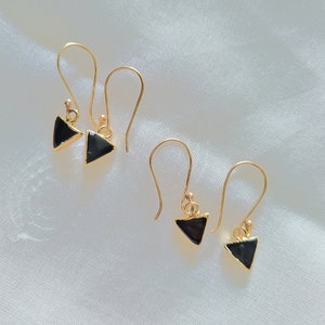 14k Gold Black Onyx Earring, Triangle Drop Earring, Black Dangle Earrings, Geometrical Earring, Hypoallergenic, Lightweight Jewelry