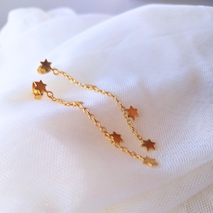 Gold Star Dangle Earrings, Star Chain Earrings, Celestial, Long Dangling Earring, Hypoallergenic, 14k Gold Plated Jewelry, Gift for Her