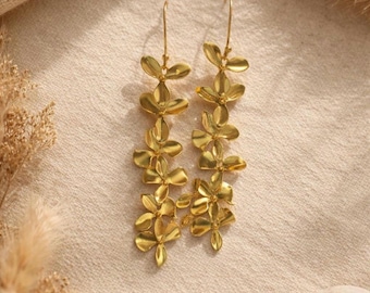 Golden Orchid Dangle Earrings, Whimsical 14k Gold Plated Floral Jewelry, Everyday wear, Thinking of you gift