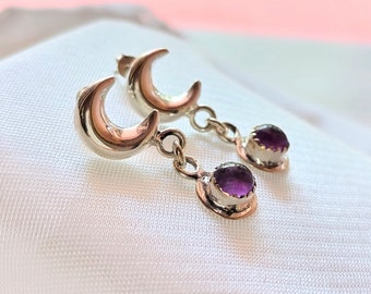 Sun Moon Earrings, Amethyst Earring for Women, Crescent Moon, 925 Silver Jewelry, Gift for Her