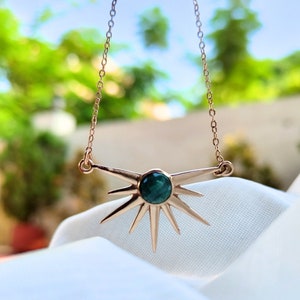 Half Sun Necklace for Her, Emerald Statement Necklace, Sun Burst Pendant, Sunrise Pendant, Rose Gold Jewelry
