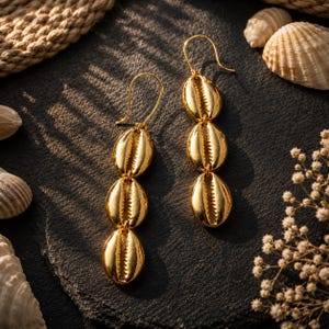 May include: A pair of gold-toned drop earrings, each featuring three vertically aligned cowrie shell charms suspended from a curved ear wire. The metallic finish reflects light, highlighting the textured ridges of the shells in a dangling design.