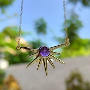 Sun Burst Necklace, Sunrays Necklace, Sun Pendant, Sun Jewelry, Amethyst Necklace, 14k Gold Plated, Gift for Her