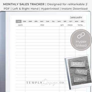 Peut inclure: Un tableau de suivi des ventes mensuel imprimable en noir et blanc pour la tablette reMarkable 2. Le tableau comprend des colonnes pour la date, l'article, la quantité, le prix et le total. Le tableau est hyperlié, ce qui permet une navigation facile. L'image comprend également une citation motivante : "Ventes, Bénéfices, Croissance".
