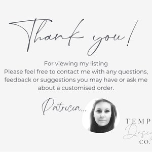Puede incluir: Un fondo blanco con las palabras "Thank you!" en una fuente manuscrita. Debajo, el texto dice: "Para ver mi anuncio. No dude en ponerse en contacto conmigo..." Se incluye una foto de una mujer, junto con el texto "TEMPL8 Design CO."