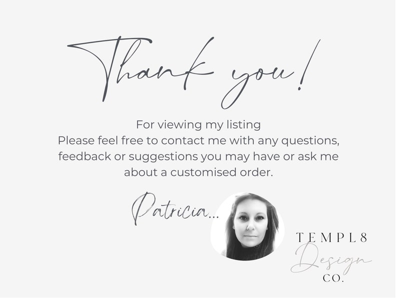 Puede incluir: Un fondo blanco con las palabras "Thank you!" en una fuente manuscrita. Debajo, el texto dice: "Para ver mi anuncio. No dude en ponerse en contacto conmigo..." Se incluye una foto de una mujer, junto con el texto "TEMPL8 Design CO."