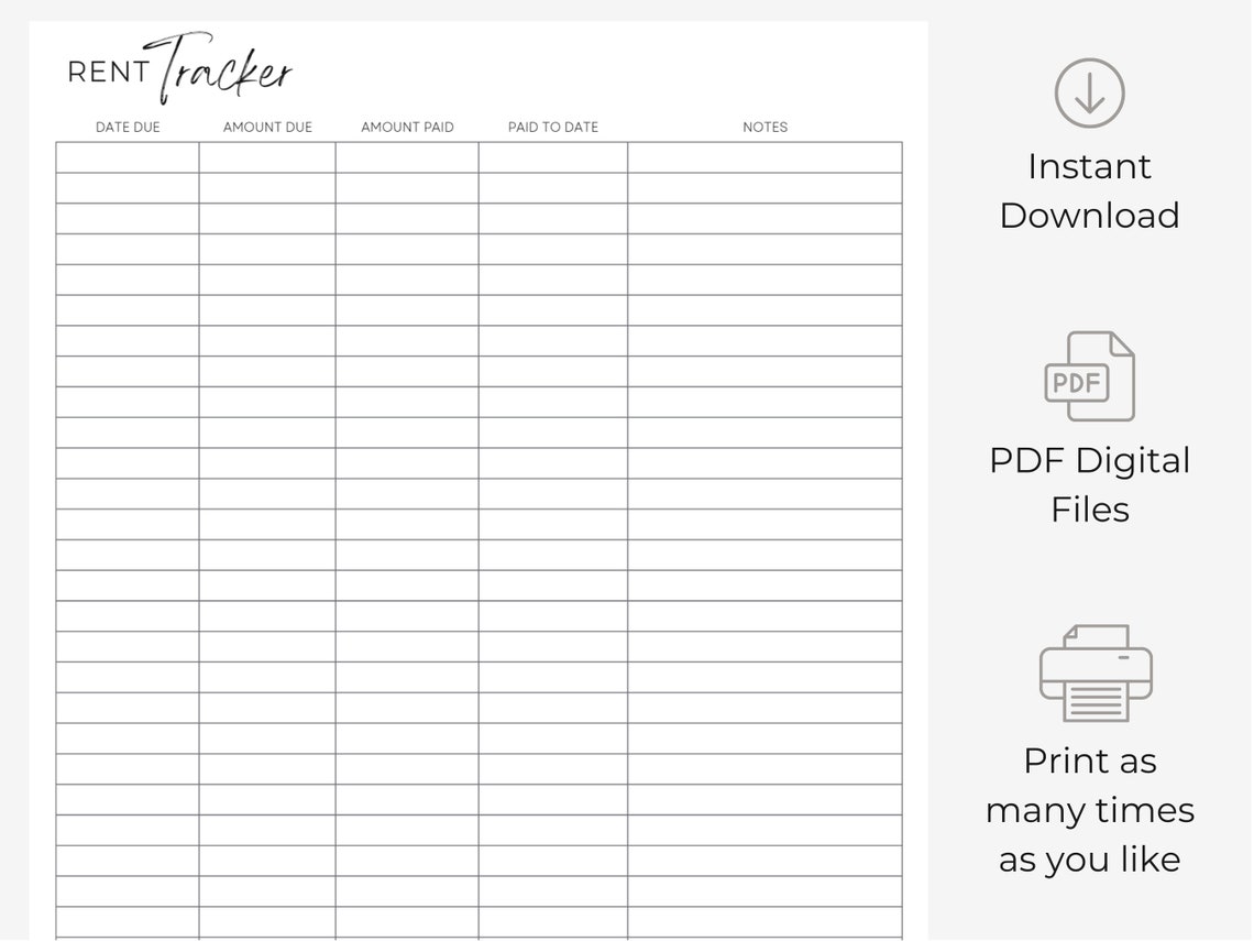 Rent Tracker | Printable | Instant Digital Download | Minimalist - Etsy