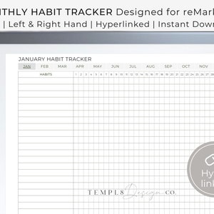 Könnte beinhalten: Ein schwarz-weißer, druckbarer monatlicher Gewohnheitstracker, der für das reMarkable Tablet entwickelt wurde. Der Tracker enthält einen Kalender für jeden Monat des Jahres mit einem Abschnitt zum Auflisten von Gewohnheiten. Der Tracker ist hyperverlinkt, sodass Benutzer einfach zwischen den Monaten navigieren können. Der Text "TEMPL8 Design CO." befindet sich am unteren Rand der Seite.