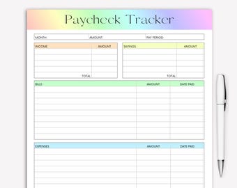 Op de afbeelding: Een printbare loonstrooktracker met secties voor inkomsten, besparingen, rekeningen en uitgaven. De tracker heeft een regenboogkleurige achtergrond en is onderverdeeld in secties met verschillende gekleurde koppen.